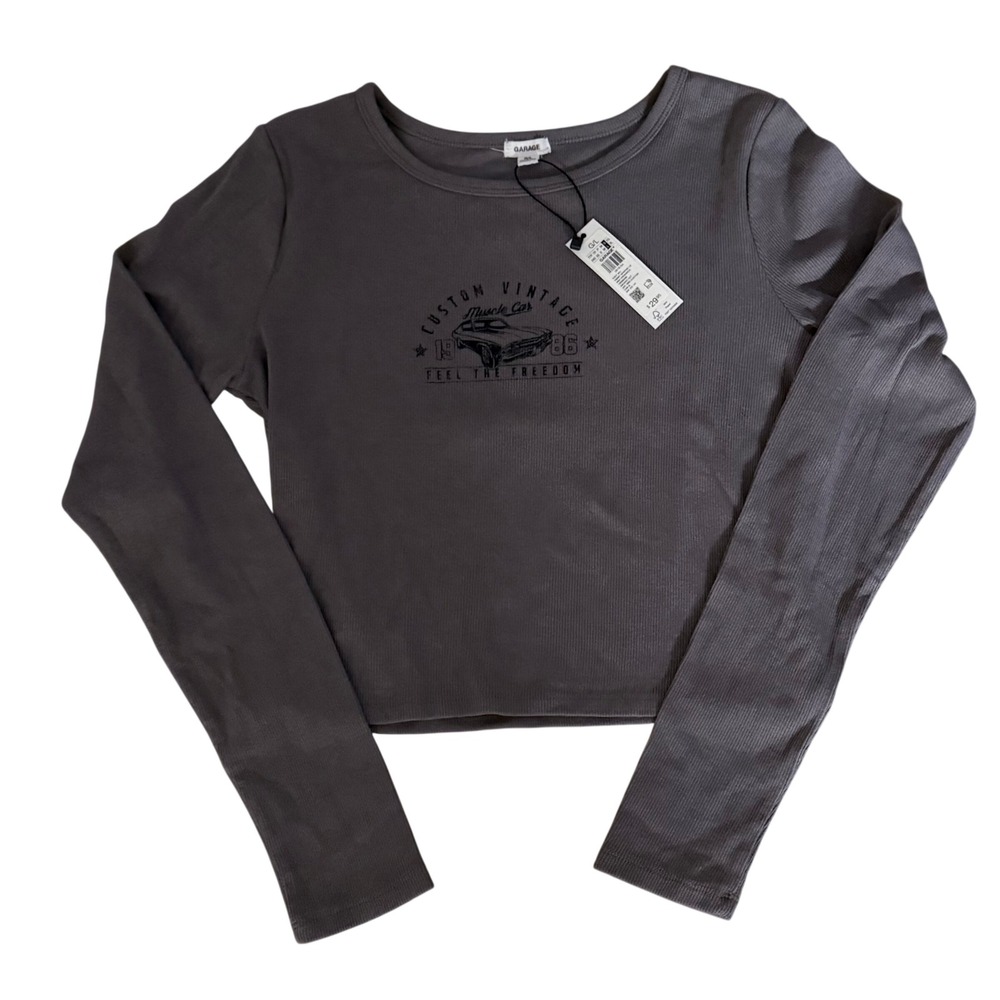 NWT GARAGE Gray Ribbed Long Sleeve Crop Top Muscle Car Graphic Tee Juniors Large